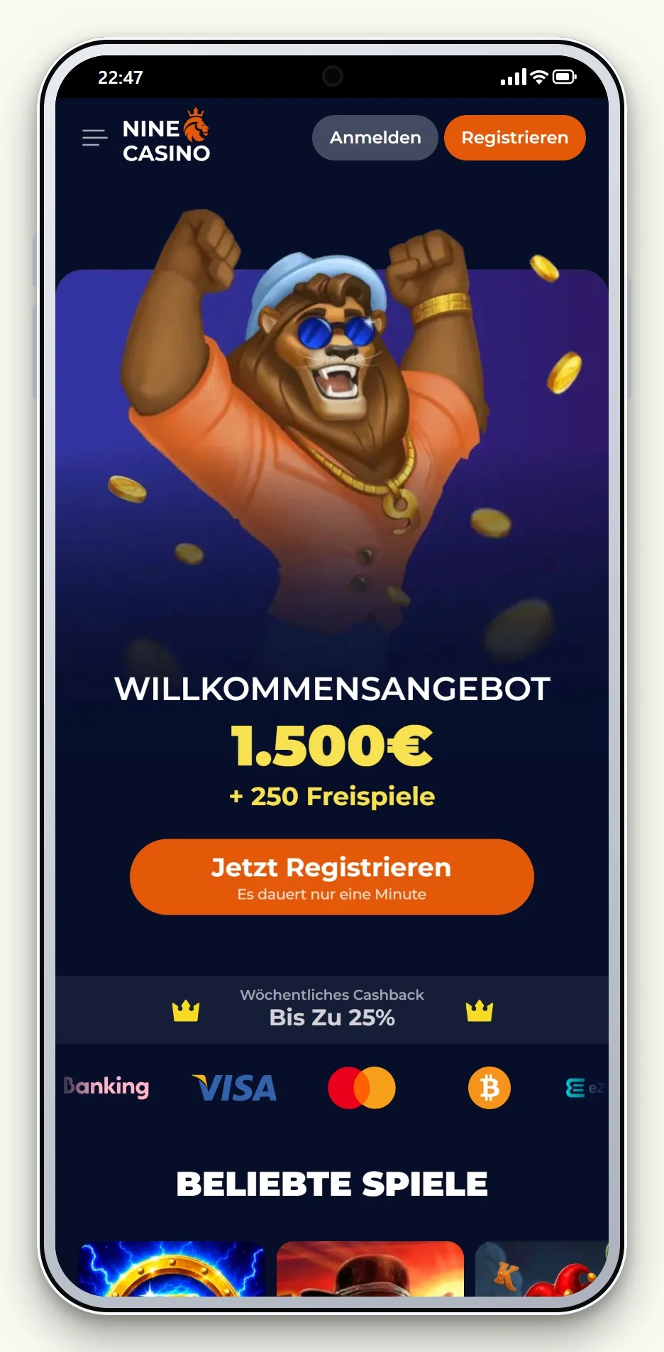 die mobile Lobby von Nine Casino im Ratgeber zu online casino mit mastercard