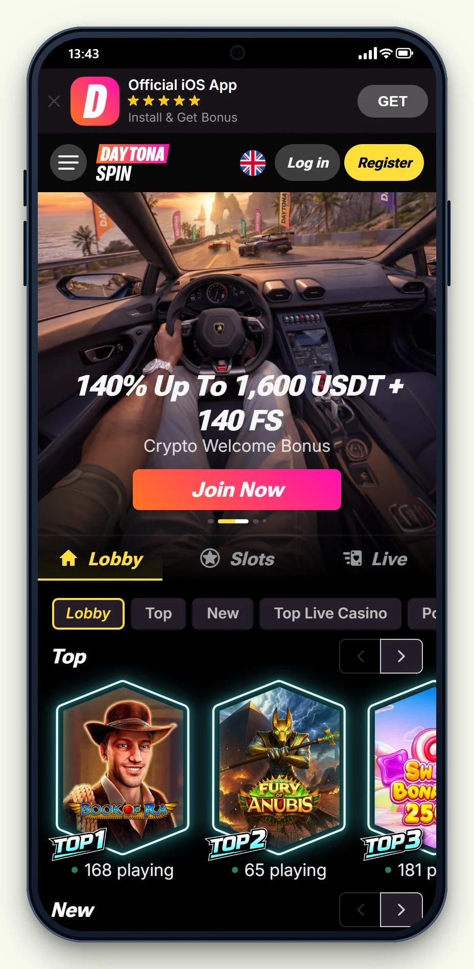 DaytonaSpin on a phone, one of the bitcoin casinos on this page