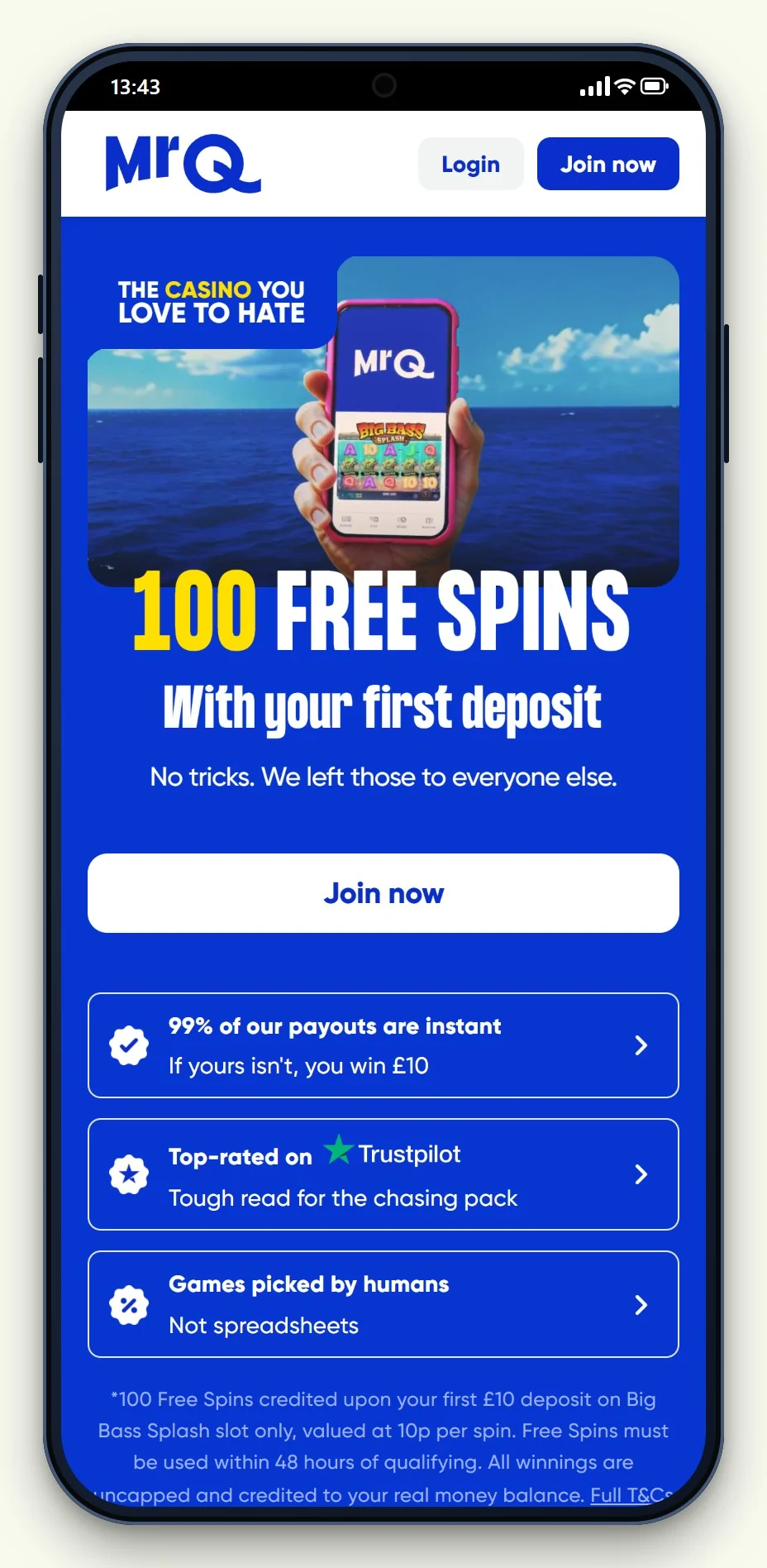 MrQ on a phone, one of the paypal casinos on this page