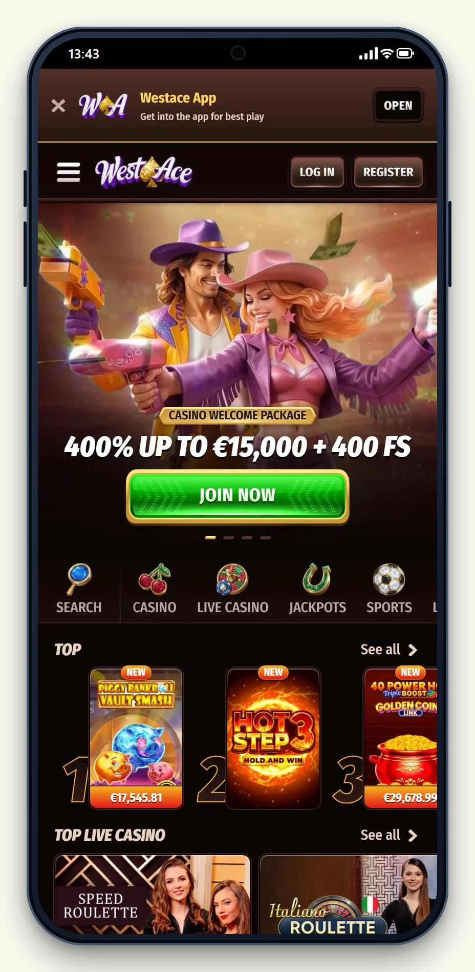 the WestAce homepage, reviewed in our non gamstop casino uk guide