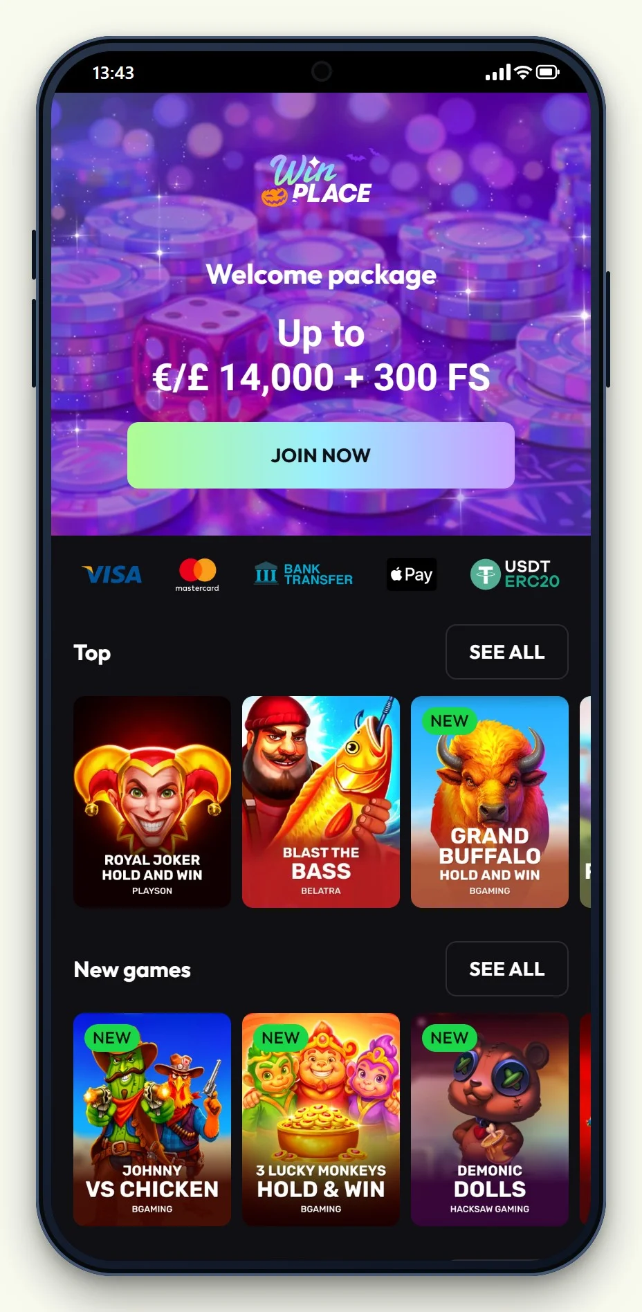 the WinPlace mobile site from our visa casinos uk comparison